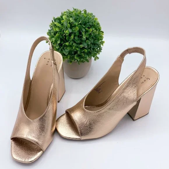 METALLIC GOLD BLOCK HEEL SLINGBACK HEELS - 7.5 - Picture 3 of 9